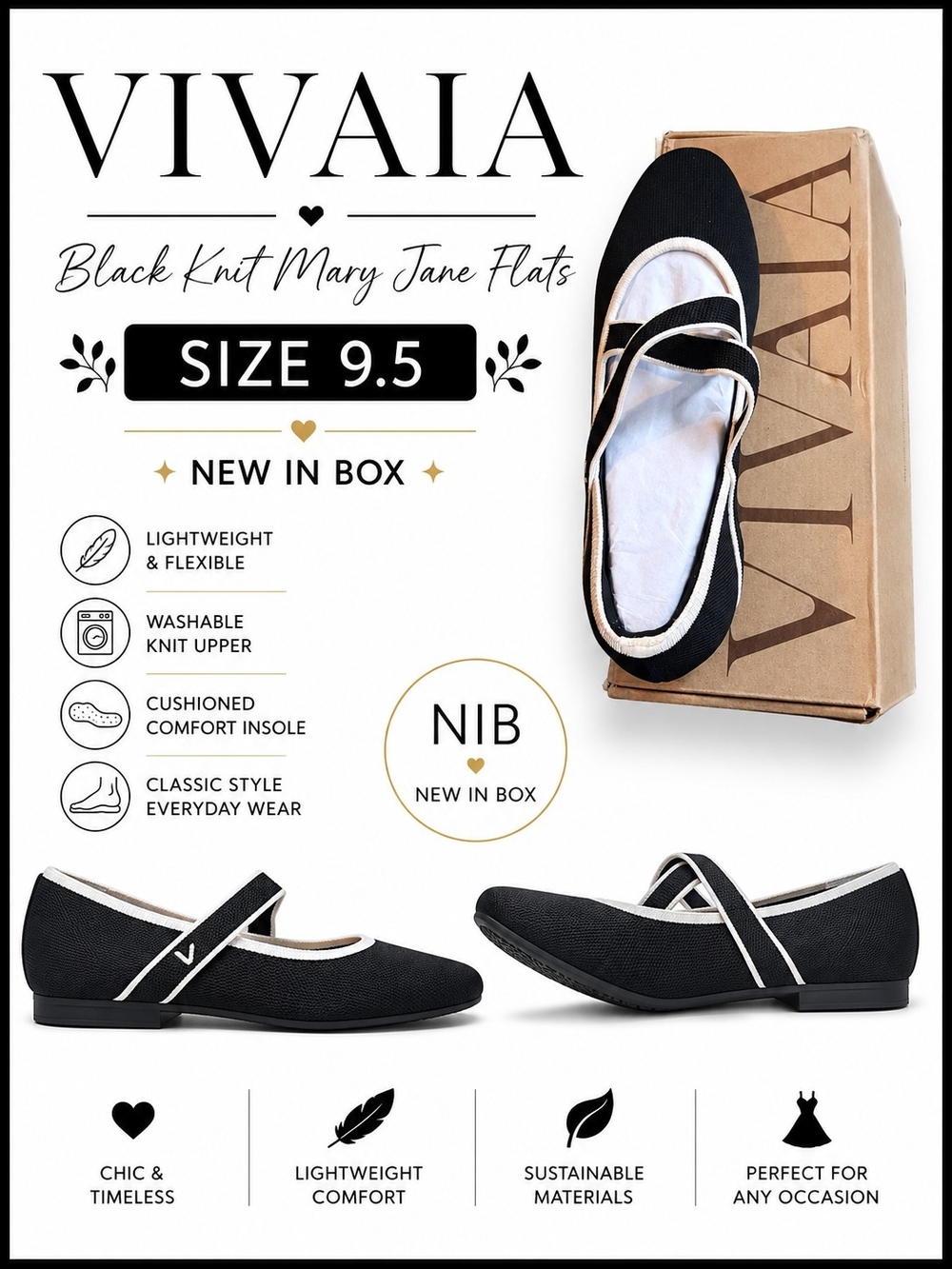 VIVAIA Black Knit Mary Jane Flats with Contrast Trim